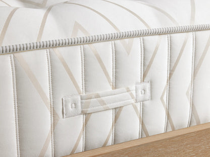 Luxury Firm Mattress on a wooden bed frame, featuring a textured geometric pattern on its white surface with visible side handles.