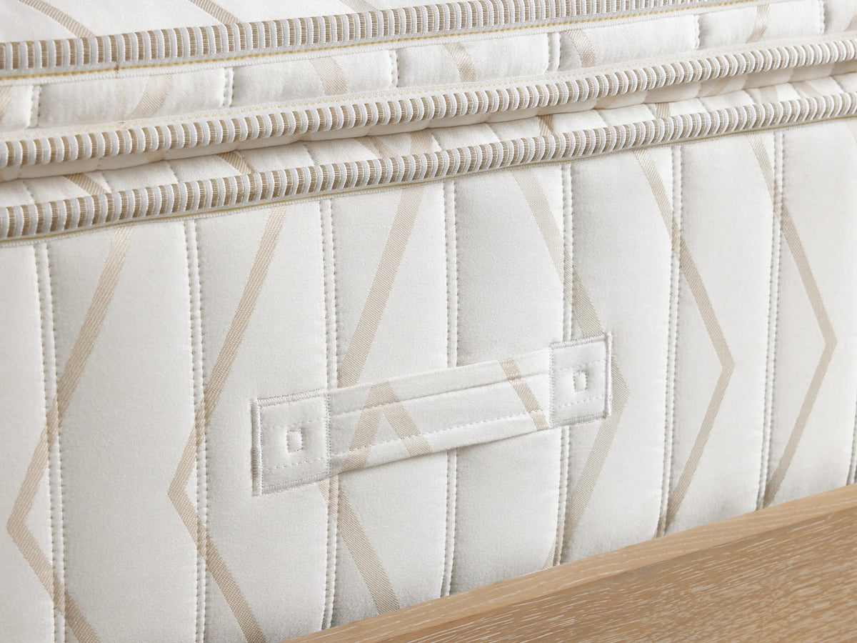 Luxury Plush Mattress with a white quilted surface featuring geometric patterns, displayed on a light wooden bed frame.