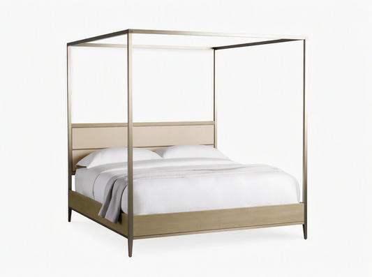 Front view of the Malone Canopy Bed, metallic gold frame, light oak base, cream leather headboard, white bedding, gray throw.