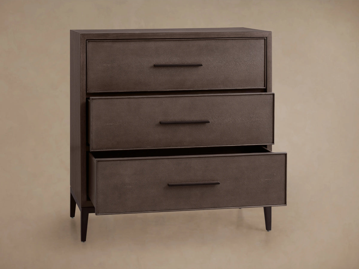 Malone Three-Drawer Chest. Dark brown wood frame, 3 drawers with shagreen leather fronts & black handles.