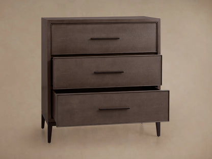 Malone Three-Drawer Chest. Dark brown wood frame, 3 drawers with shagreen leather fronts & black handles.