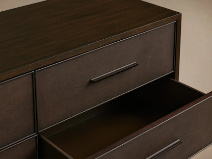 Malone Nine-Drawer Dresser in dark wood with a smooth finish, featuring three rows of three drawers each with minimalist handles.