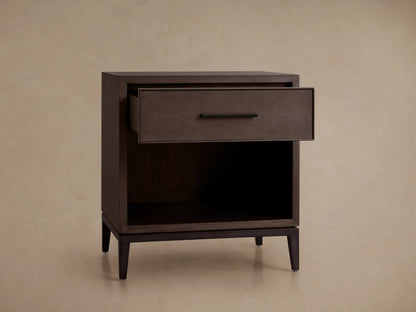 Malone Open Nightstand in dark brown wood finish with a single drawer and open shelf below, set against a neutral wall.