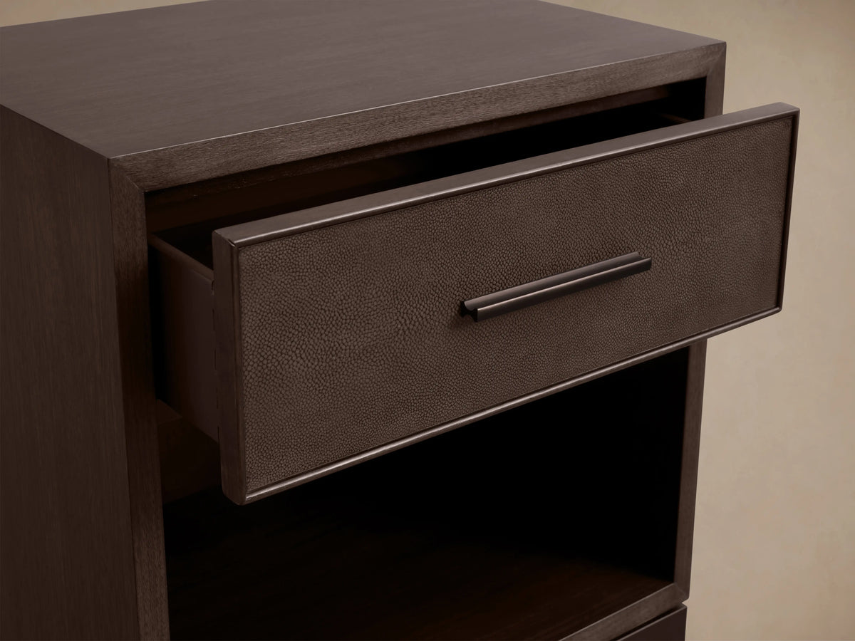 Malone Open Nightstand in dark wood finish with a single open shelf and an extended drawer featuring a sleek metal handle.