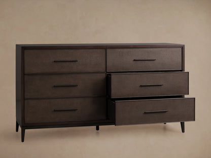 Malone Six-Drawer Dresser in dark wood finish shown with an open top drawer featuring a textured surface and a sleek metallic handle.