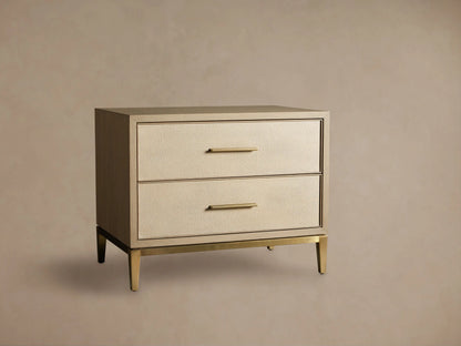 Front view of the Bone Malone Closed Nightstand with two cream shagreen leather drawers and brass hardware.