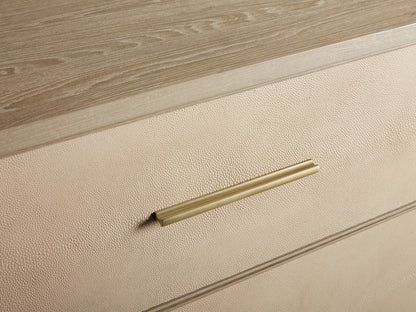 Front view of the Bone Malone Six-Drawer Dresser with gold handles and legs, two right drawers partially open.