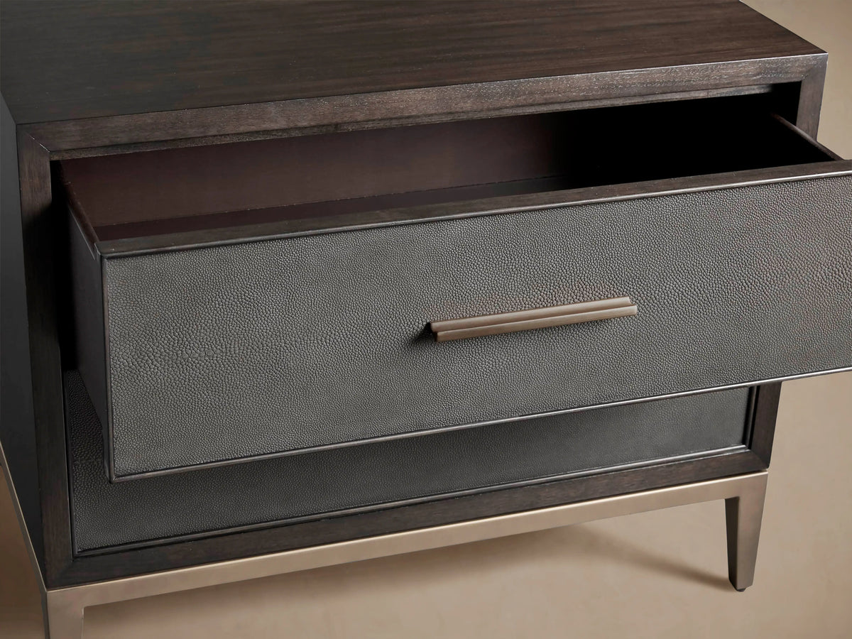 Malone Closed Nightstand in dark wood and black-textured leather front, with metal handle. Top drawer open, showing soft-close feature.
