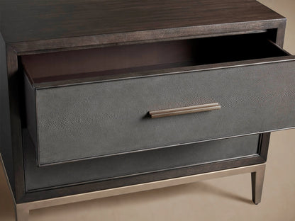 Malone Closed Nightstand in dark wood and black-textured leather front, with metal handle. Top drawer open, showing soft-close feature.