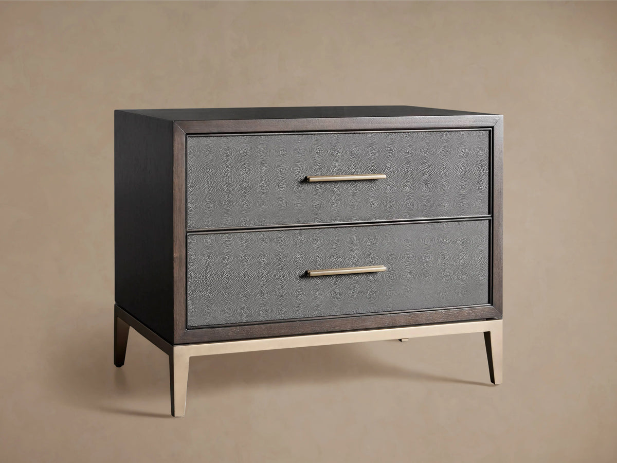 Malone Closed Nightstand with dark wood frame, two grey reconstituted leather drawers with textured detailing, and metallic handles.