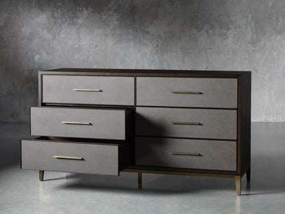 Front view of the dark brown Malone Six-Drawer Dresser with gray shagreen fronts and warm metallic pulls. Two left drawers are open.