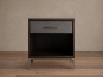Malone Open Nightstand with dark wood finish, single drawer with reconstituted leather inset, metallic handle, open lower shelf, and metallic legs.