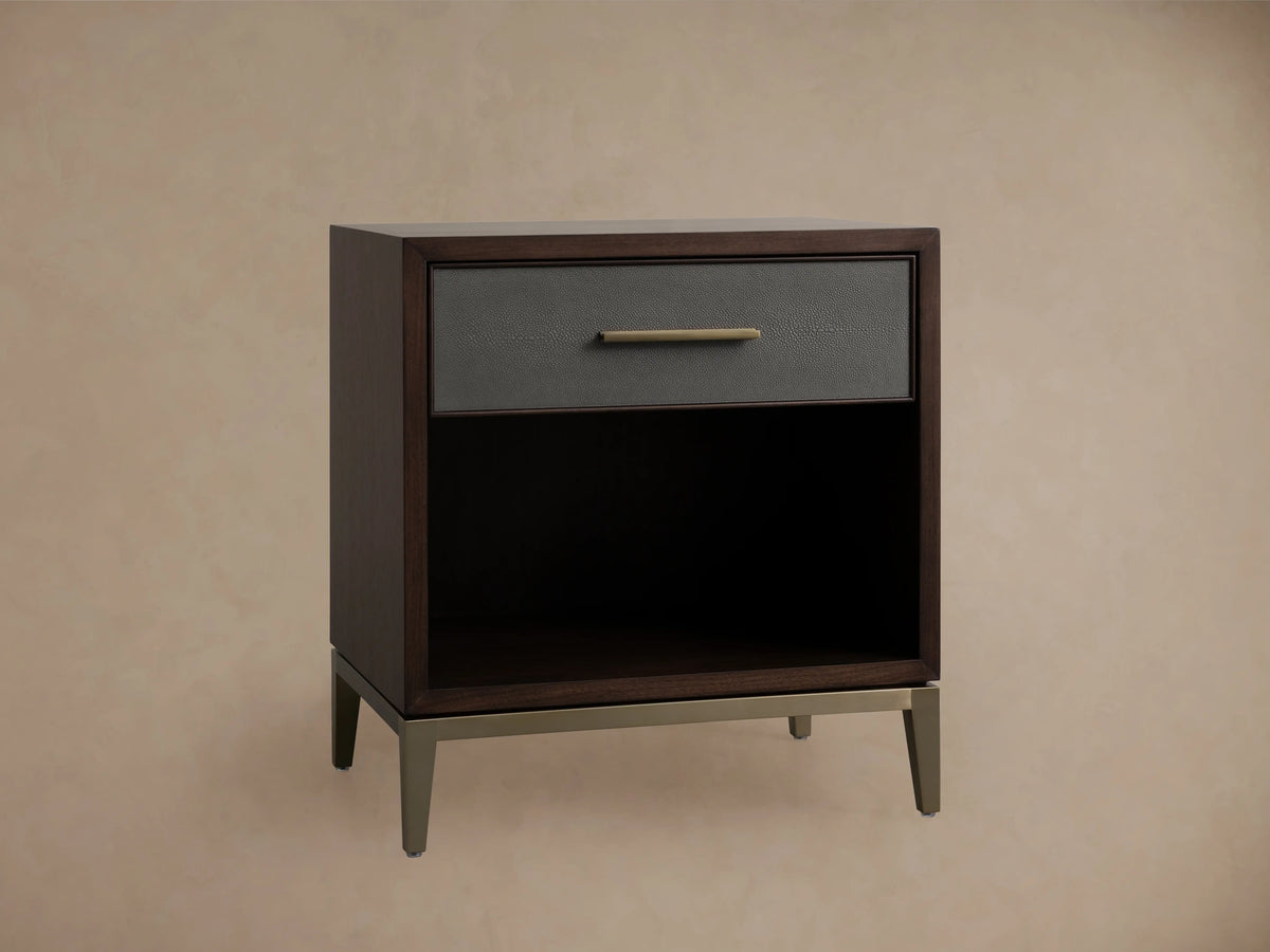 Malone Open Nightstand with dark wood finish, single drawer with metallic handle, and open lower shelf on tapered legs.