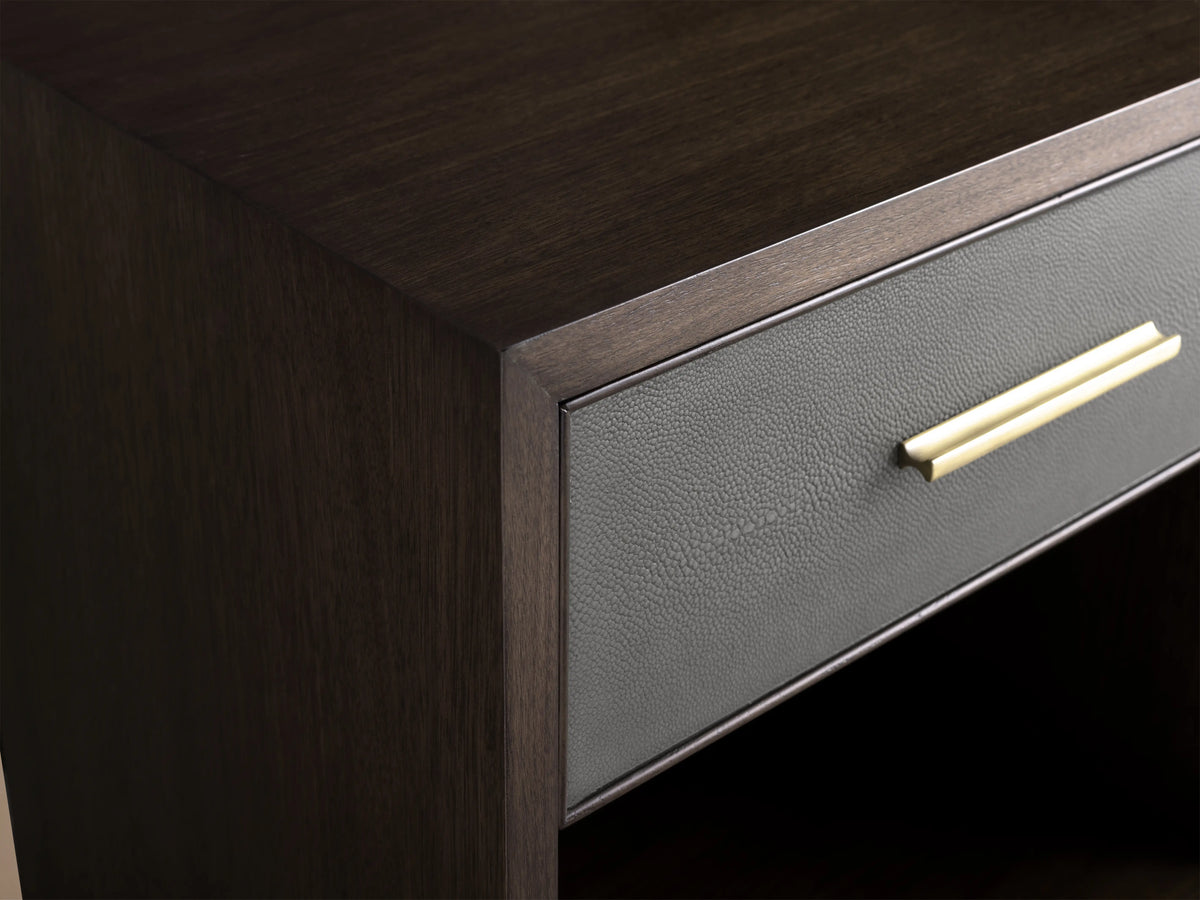 Malone Open Nightstand with dark wood finish, single drawer with reconstituted leather inset, metallic handle, open lower shelf, and metallic legs.