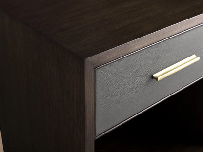 Malone Open Nightstand with dark wood finish, single drawer with reconstituted leather inset, metallic handle, open lower shelf, and metallic legs.