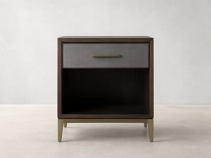 Malone Open Nightstand with dark wood finish, single drawer with reconstituted leather inset, metallic handle, open lower shelf, and metallic legs.