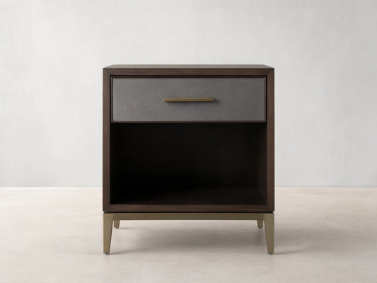 Malone Open Nightstand with dark wood finish, single drawer with reconstituted leather inset, metallic handle, open lower shelf, and metallic legs.