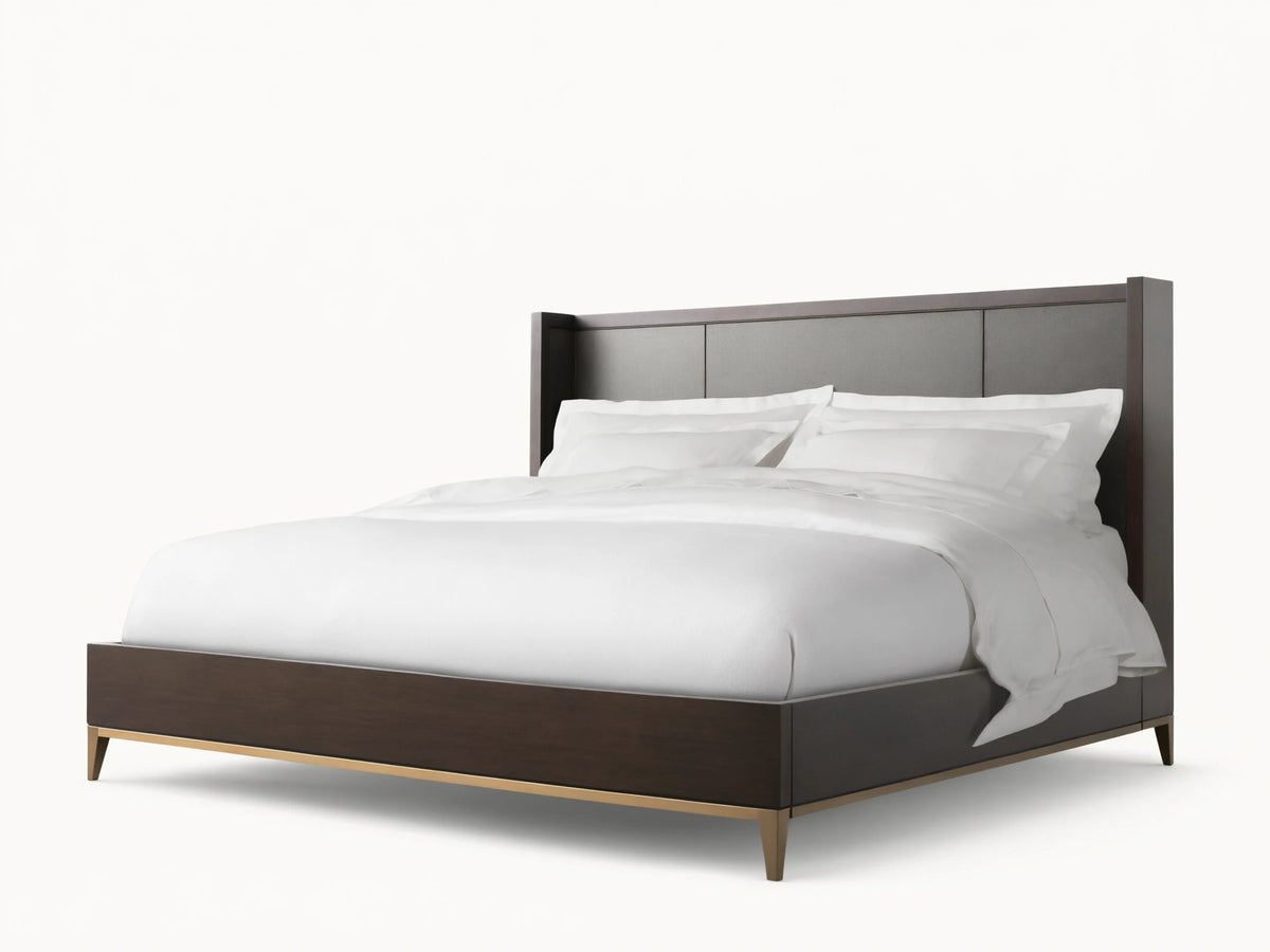 Malone Shelter Bed: dark wood frame, charcoal inset headboard, white bedding, metallic gold base on wood floor.