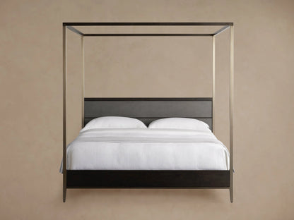 Malone Canopy Bed: Dark espresso wood frame, gray shagreen headboard, metallic champagne canopy. White bedding, light gray throw.