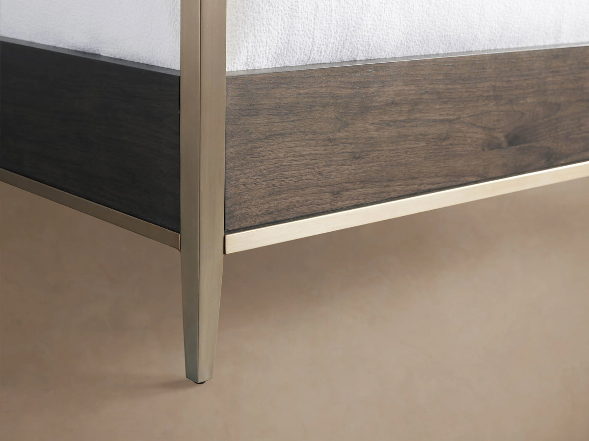 Malone Canopy Bed, dark wood frame, champagne metallic canopy, dark gray shagreen headboard, with white bedding.