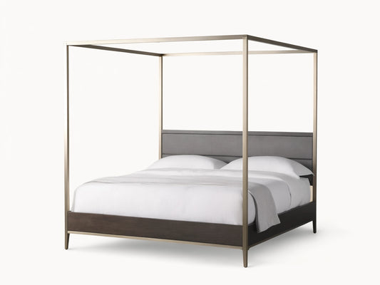 Malone Canopy Bed: Dark espresso wood frame, gray shagreen headboard, metallic champagne canopy. White bedding, light gray throw.