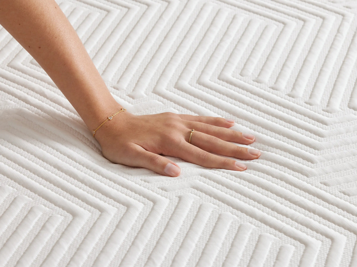 Memory Foam Firm Mattress with white textured cover, featuring a geometric pattern of raised lines in a zigzag formation.