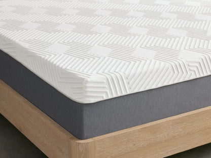 A hand pressing down on a white Memory Foam Firm Mattress, showing its texture and firmness. The mattress has a geometric pattern.
