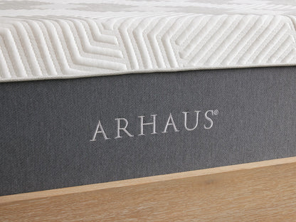 Memory Foam Firm Mattress on wooden platform; features white zigzag-patterned cover and gray base, showcasing 12" height.