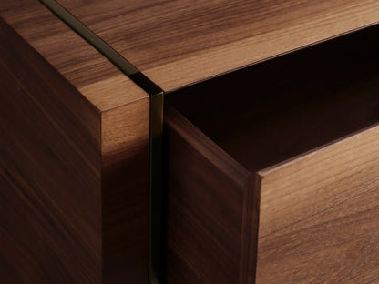Mihaela Six-Drawer Dresser, front view. Rich walnut wood grain, dark top, six seamless drawers, and dark metal legs.
