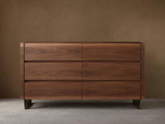 Mihaela Six-Drawer Dresser. Dark walnut veneer with six drawers, subtle metallic trim, on a wood floor.