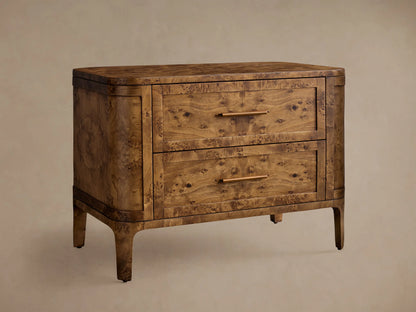 Front view of the Mogadore Nightstand, crafted from book-matched mappa burl wood with two drawers and brass handles.