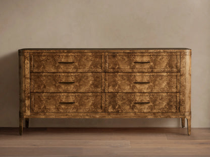 Front view of the golden-brown Mappa burl wood Mogadore Six-Drawer Dresser with six drawers and antiqued brass-finished hardware.