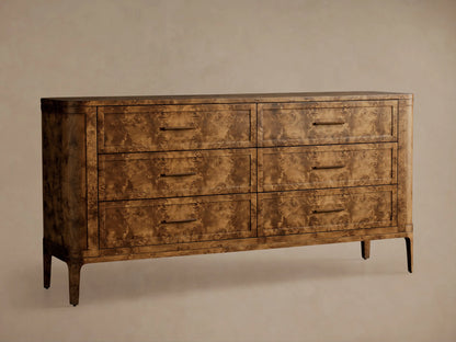 Front view of the golden-brown Mappa burl wood Mogadore Six-Drawer Dresser with six drawers and antiqued brass-finished hardware.