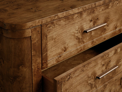 Front view of the Mogadore Nine-Drawer Dresser crafted from Mappa burl wood with antiqued brass hardware and curved legs.