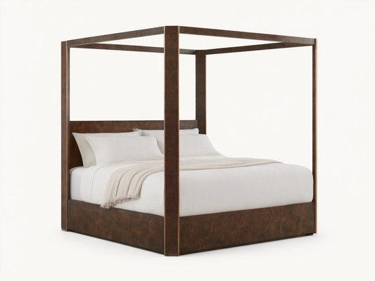 Wooden four-poster bed with white bedding and pillows, set in a minimalistic room with beige walls and hardwood flooring.