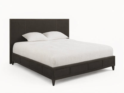 Front view of the dark brown Olina Bed, featuring a textured raffia headboard and footboard, with white bedding.