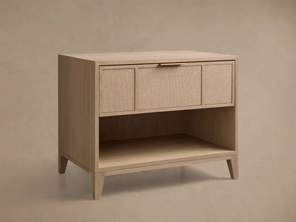 Front view of the light oak Olina Open Nightstand with a single drawer featuring textured raffia and a brass pull, and an open shelf.