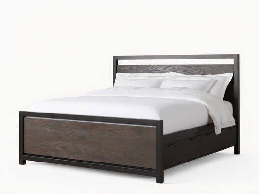 Palmer Storage Bed in a neutral room, featuring a solid wood frame with visible grain, black metal accents, and white bedding.