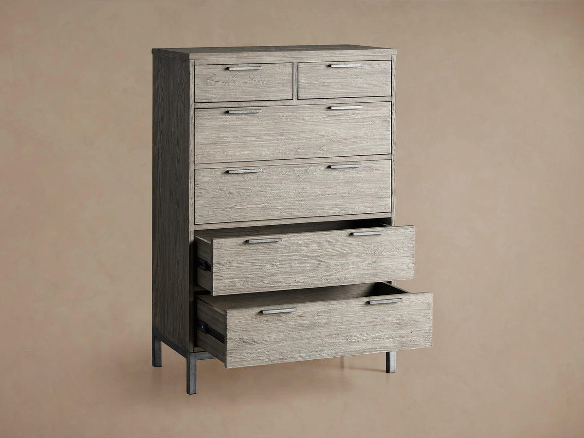 Palmer Six-Drawer Dresser with a light wood finish and iron frame, featuring three open drawers and horizontal handles.