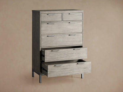 Palmer Six-Drawer Dresser with a light wood finish and iron frame, featuring three open drawers and horizontal handles.