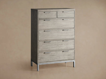 Palmer Six-Drawer Dresser in Stone on Ash finish, featuring six spacious drawers and a sleek gray metal frame, against a beige background.