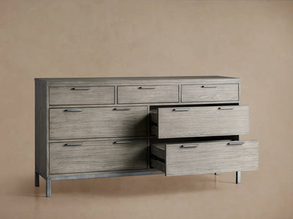 Palmer Seven-Drawer Dresser in a gray finish with sleek metal handles, featuring open drawers on a sturdy iron frame.