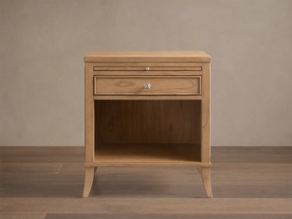 Front view of the natural wood Pearson Nightstand with one drawer, an open shelf, and a pull-out tray.