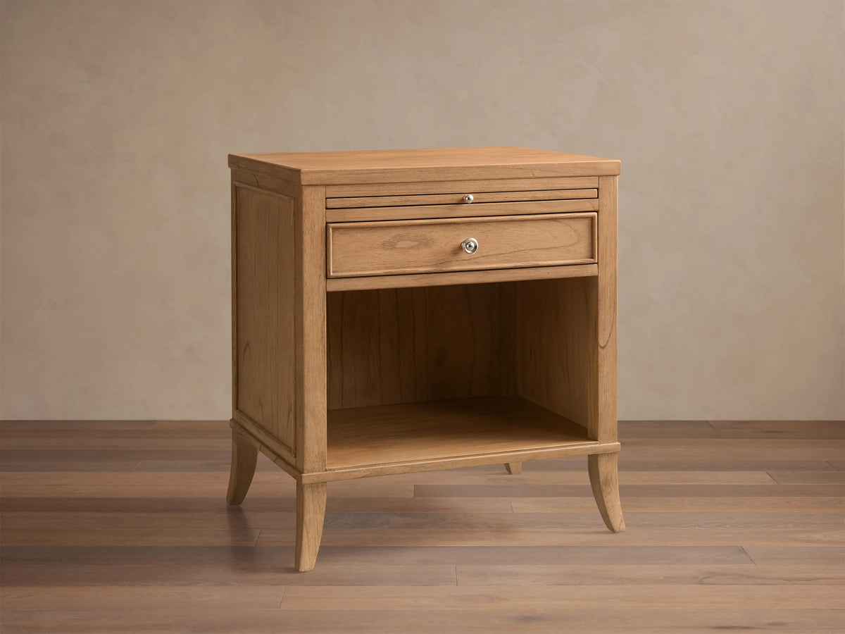 Front view of the natural wood Pearson Nightstand with one drawer, an open shelf, and a pull-out tray.