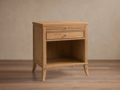 Front view of the natural wood Pearson Nightstand with one drawer, an open shelf, and a pull-out tray.