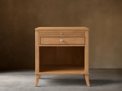 Front view of the natural wood Pearson Nightstand with one drawer, an open shelf, and a pull-out tray.