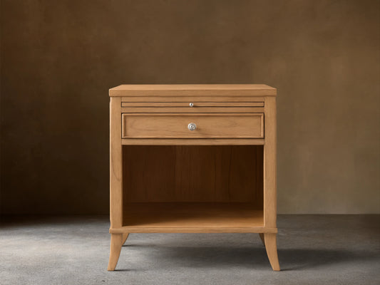 Front view of the natural wood Pearson Nightstand with one drawer, an open shelf, and a pull-out tray.