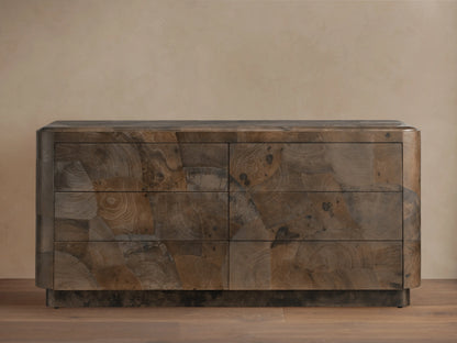 Polanco Six-Drawer Dresser made from salvaged ash wood with visible graining, cracks, and patina. Features a smooth, rectangular design.