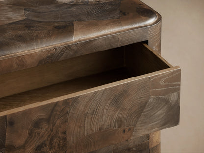 Polanco Six-Drawer Dresser with a visible open drawer, showcasing the oyster-cut ash wood's natural graining and rich brown tones.