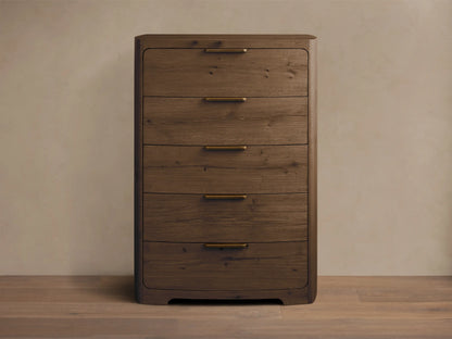 Front view of the dark brown Redding Five-Drawer Dresser, with rounded corners and antique brass handles.